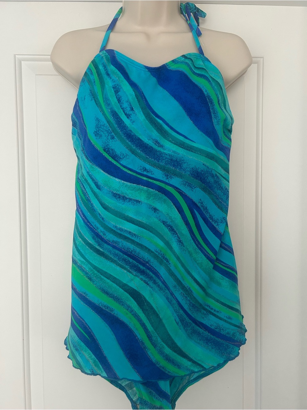 Blue & Teal Wave Halter One-Piece Swimsuit